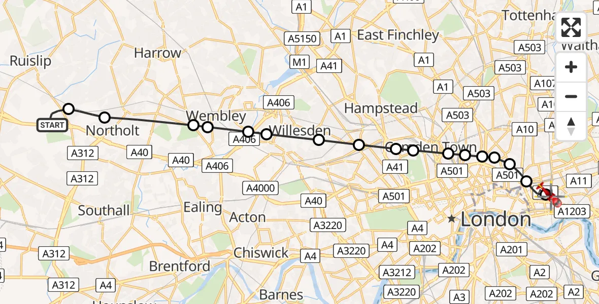 Flight route Air Ambulance Helicopter RAF Northolt - Royal London Hospital, 15 June 2026, 07:35