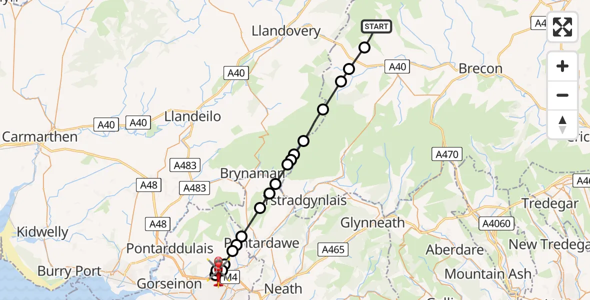 Flight route Air Ambulance Helicopter Maescar - Morriston Hospital Helipad, 15 June 2026, 07:35