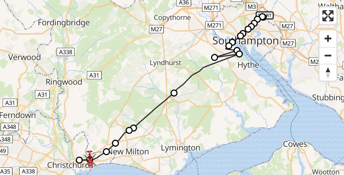 Flight route Air Ambulance Helicopter Mansbridge - Highcliffe-on-Sea, 15 June 2026, 07:45