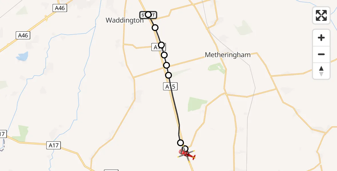 Flight route Air Ambulance Helicopter RAF Waddington - North Kesteven, 15 June 2026, 07:52