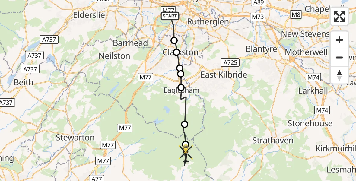 Flight route Police Helicopter Glasgow - East Ayrshire, 15 June 2026, 08:01