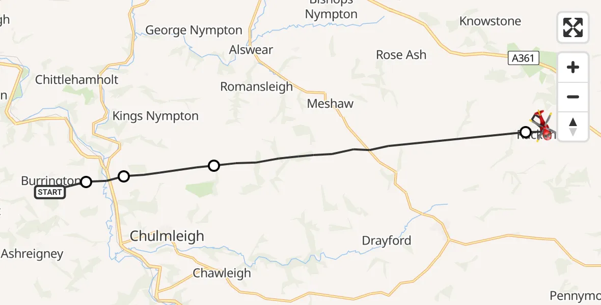 Flight route Air Ambulance Helicopter Burrington - Rackenford, 15 June 2026, 08:20
