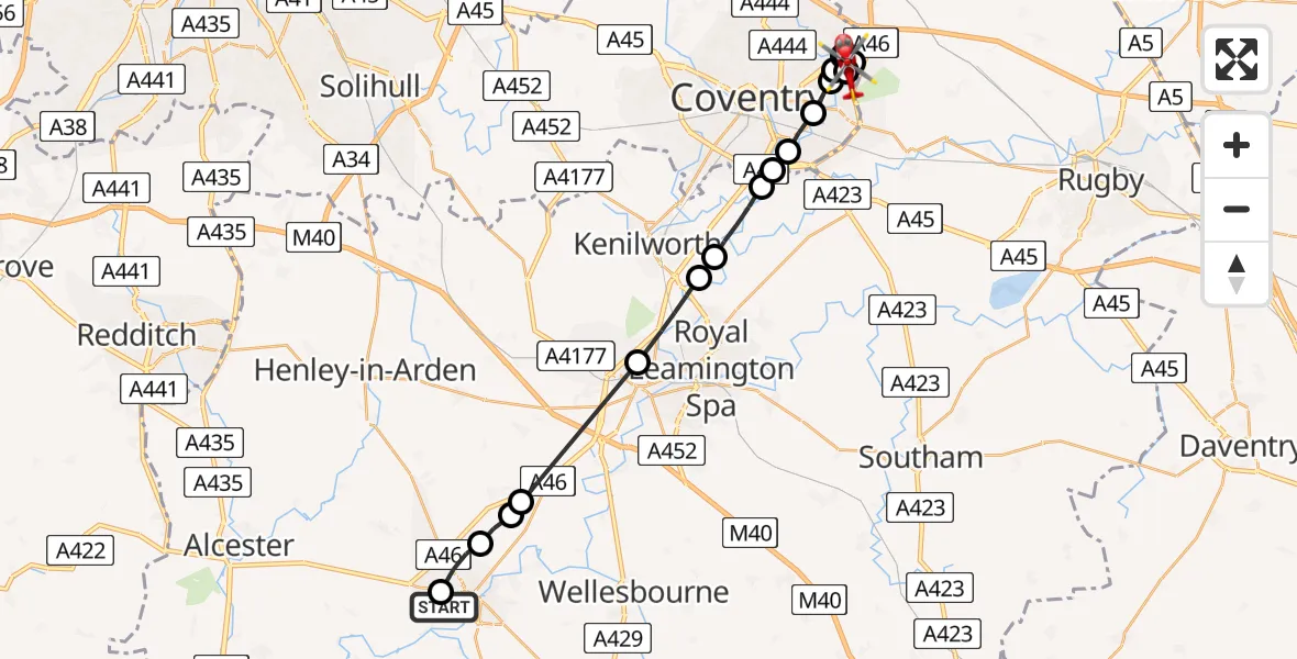 Flight route Air Ambulance Helicopter Stratford-upon-Avon - University Hospital Coventry, 15 June 2026, 08:23