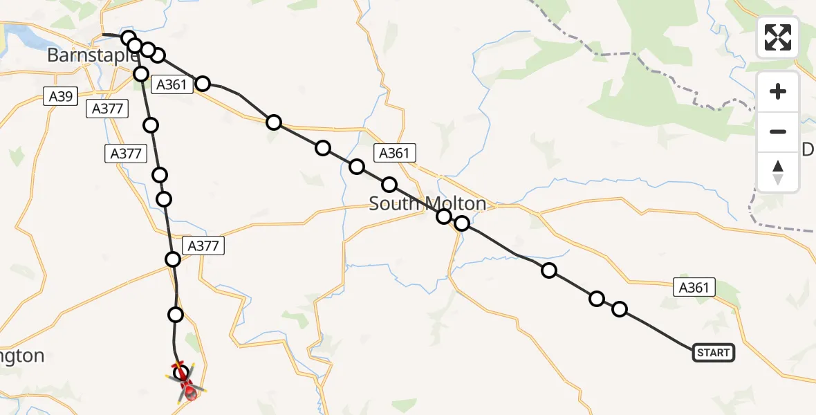 Flight route Air Ambulance Helicopter Rackenford - Roborough, 15 June 2026, 08:31
