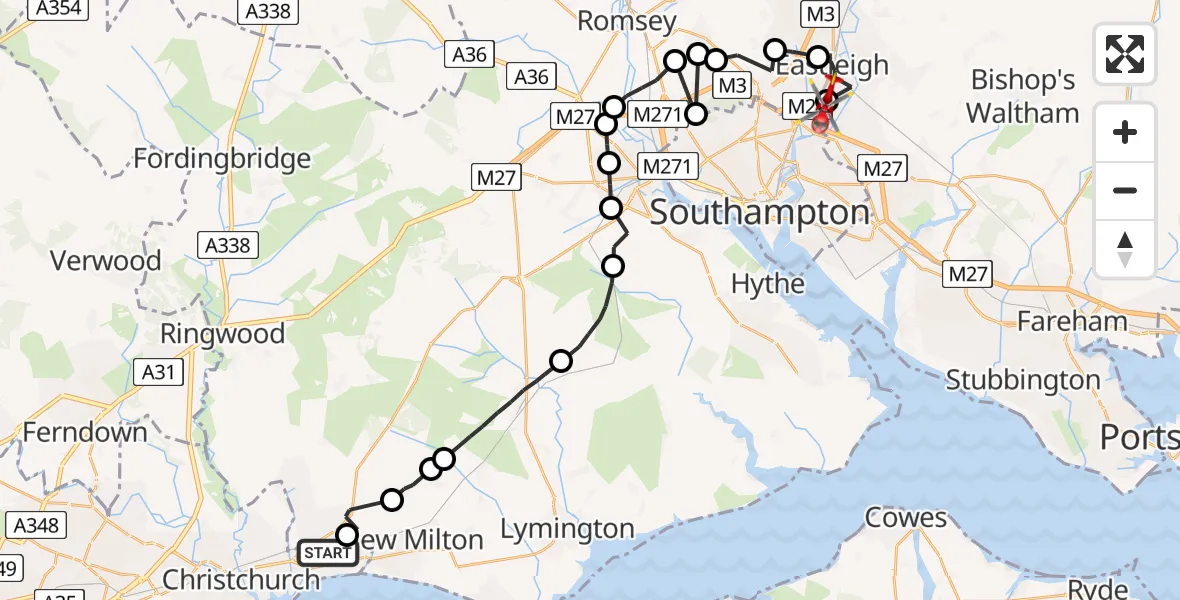 Flight route Air Ambulance Helicopter Highcliffe-on-Sea - Southampton Airport, 15 June 2026, 08:35