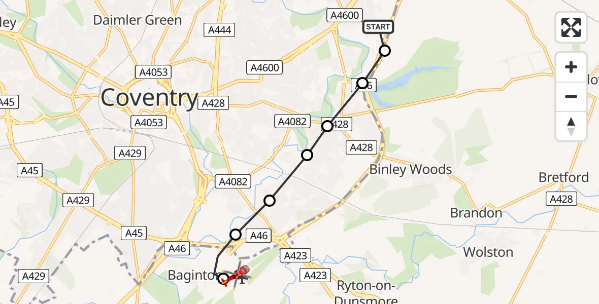 Flight route Air Ambulance Helicopter University Hospital Coventry - Coventry Airport, 15 June 2026, 09:14