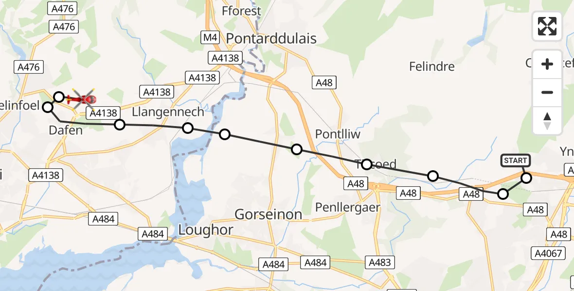 Flight route Air Ambulance Helicopter Morriston Hospital Helipad - Dafen, 15 June 2026, 09:15