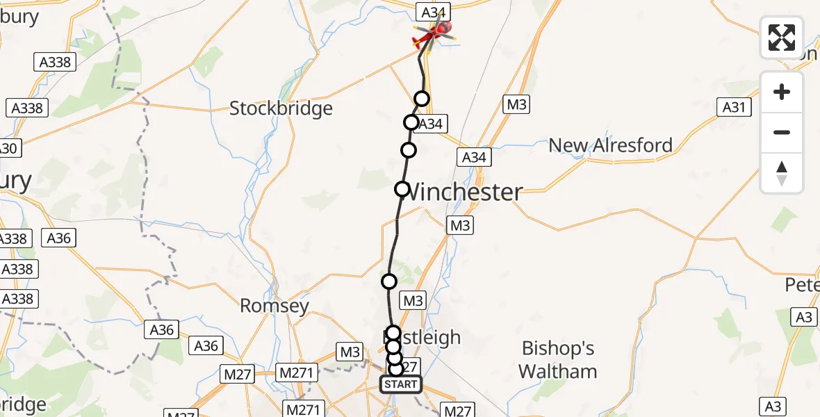 Flight route Air Ambulance Helicopter Mansbridge - Sutton Scotney, 15 June 2026, 09:20