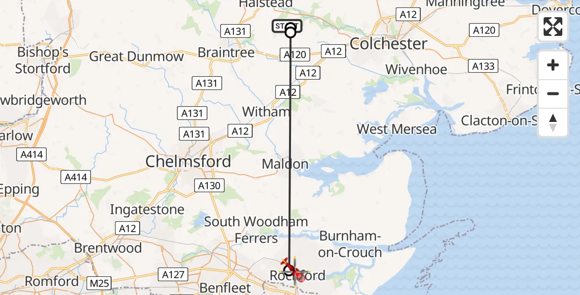 Flight route Air Ambulance Helicopter Earls Colne Airfield - Rochford, 15 June 2026, 09:26