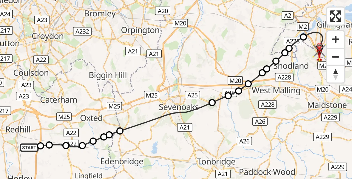 Flight route Air Ambulance Helicopter Redhill Aerodrome - Rochester Airport, 15 June 2026, 09:40