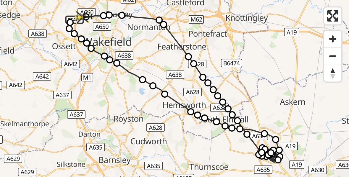 Flight route Police Helicopter Woodkirk - East Ardsley, 15 June 2026, 09:53