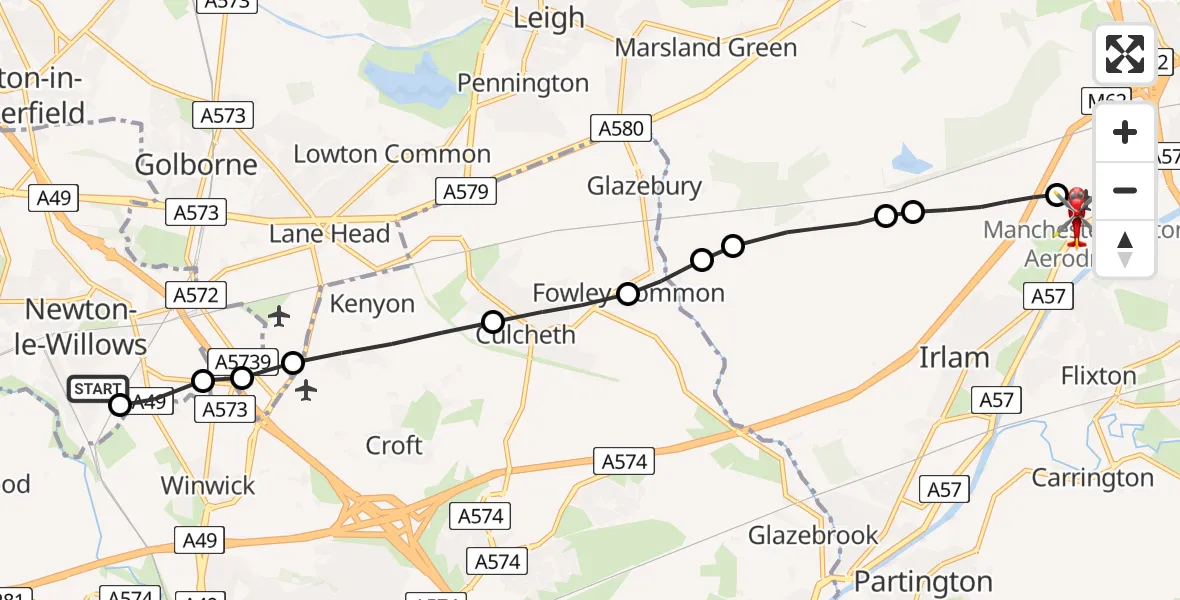 Flight route Air Ambulance Helicopter Newton-le-Willows - Manchester Barton Aerodrome, 15 June 2026, 10:10