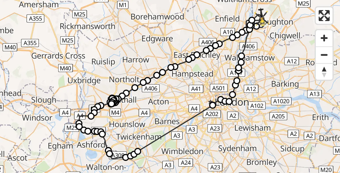 Flight route Police Helicopter Chingford - Sewardstonebury, 15 June 2026, 10:13