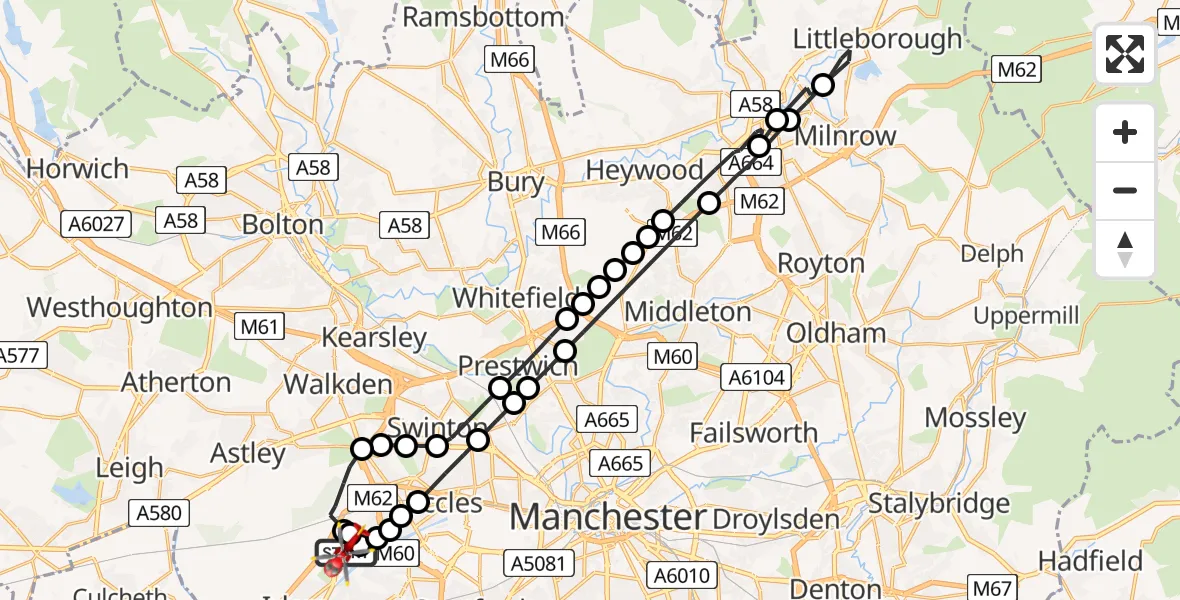 Flight route Air Ambulance Helicopter Manchester Barton Aerodrome - Manchester Barton Aerodrome, 15 June 2026, 10:22