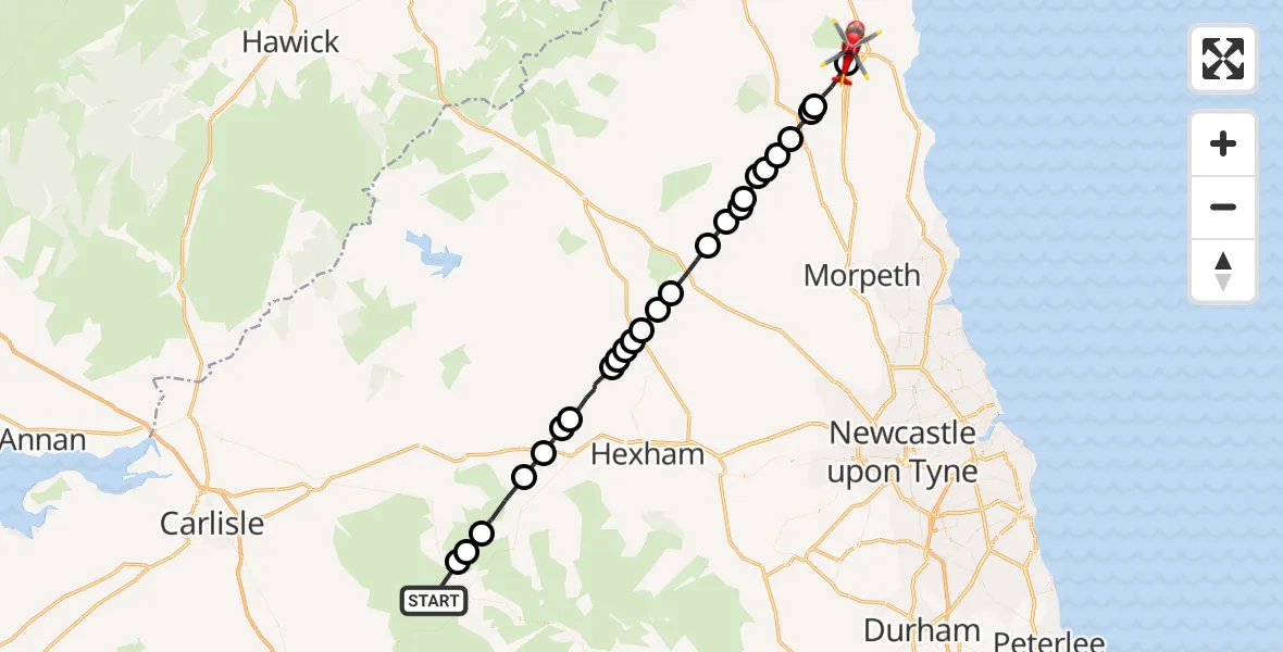 Flight route Air Ambulance Helicopter Knaresdale with Kirkhaugh - Alnwick, 15 June 2026, 10:27