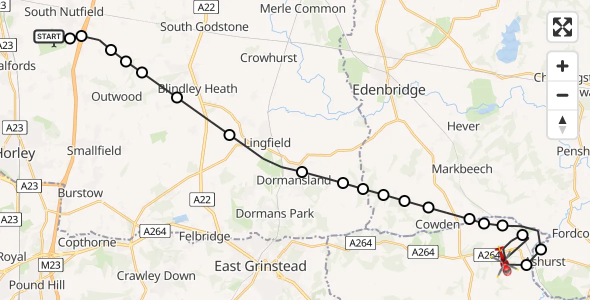 Flight route Air Ambulance Helicopter Redhill Aerodrome - Wealden, 15 June 2026, 10:36