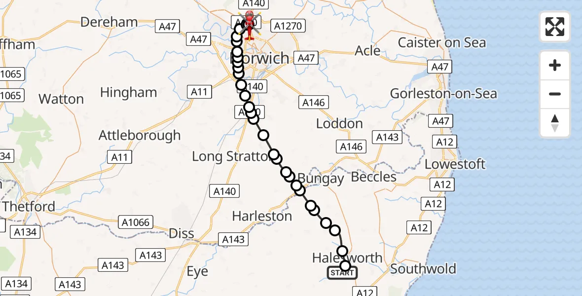 Flight route Air Ambulance Helicopter Walpole - Norwich Airport, 15 June 2026, 10:53