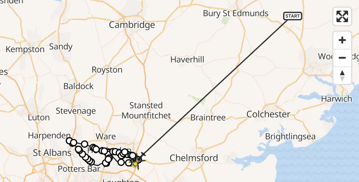 Flight route Police Helicopter Cotton - North Weald Airfield, 15 June 2026, 11:31