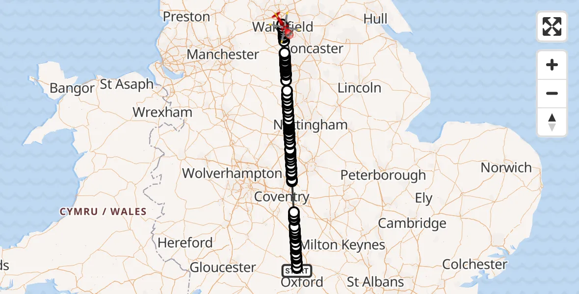 Flight route Air Ambulance Helicopter London Oxford Airport - Newton Hill, 15 June 2026, 11:36
