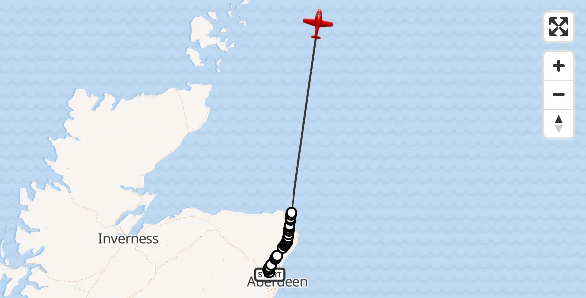 Flight route Air Ambulance Aircraft Aberdeen International Airport - North Sea, 15 June 2026, 11:39