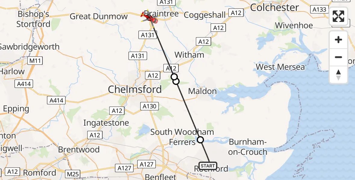 Flight route Air Ambulance Helicopter Rochford - Braintree, 15 June 2026, 11:43