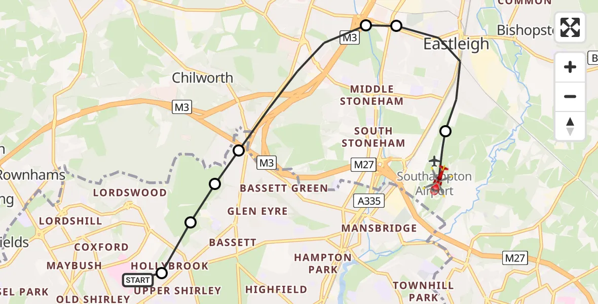 Flight route Air Ambulance Helicopter University Hospital Southampton - Southampton Airport, 15 June 2026, 11:44
