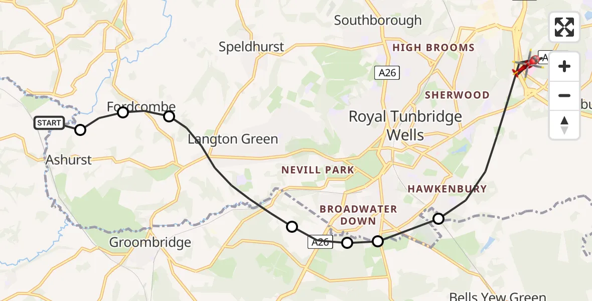 Flight route Air Ambulance Helicopter Ashurst - Royal Tunbridge Wells, 15 June 2026, 11:45