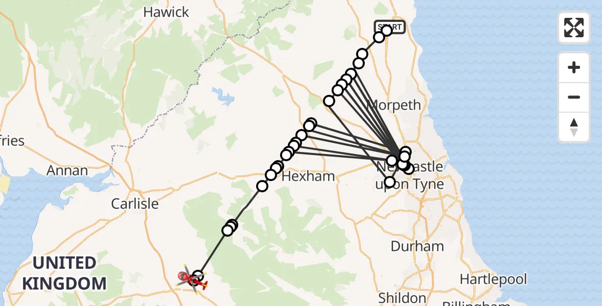 Flight route Air Ambulance Helicopter Denwick - Langwathby, 15 June 2026, 11:50
