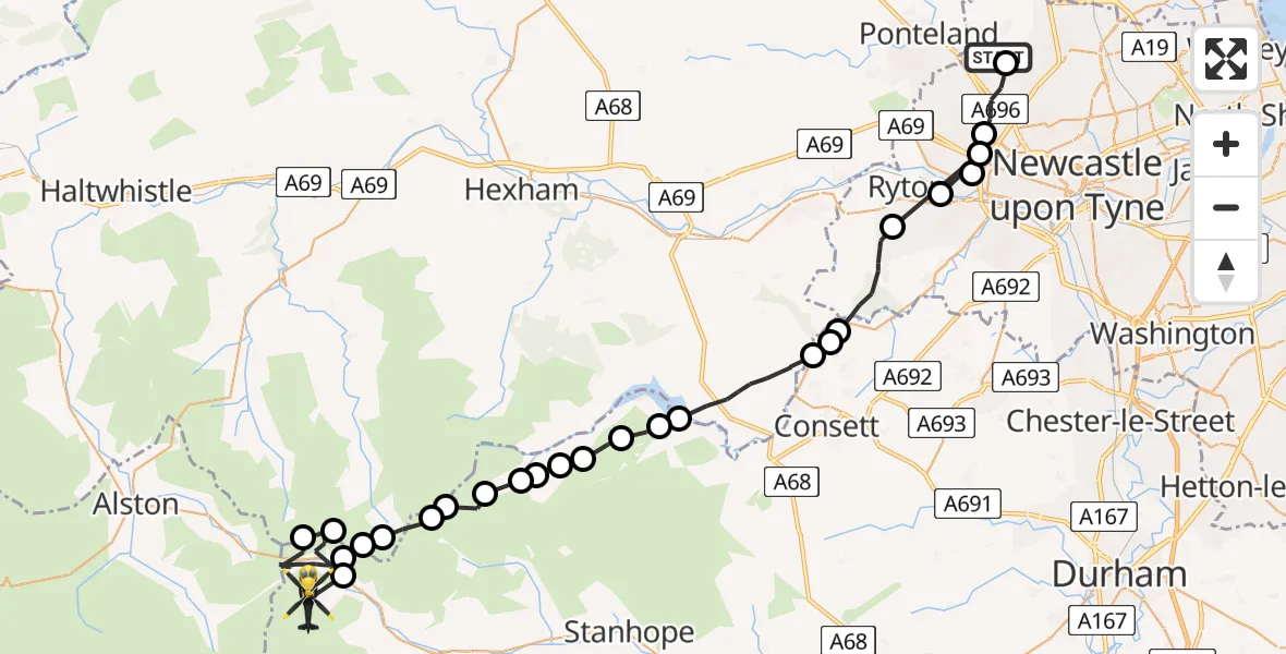 Flight route Police Helicopter Newcastle International Airport - Stanhope, 15 June 2026, 11:57