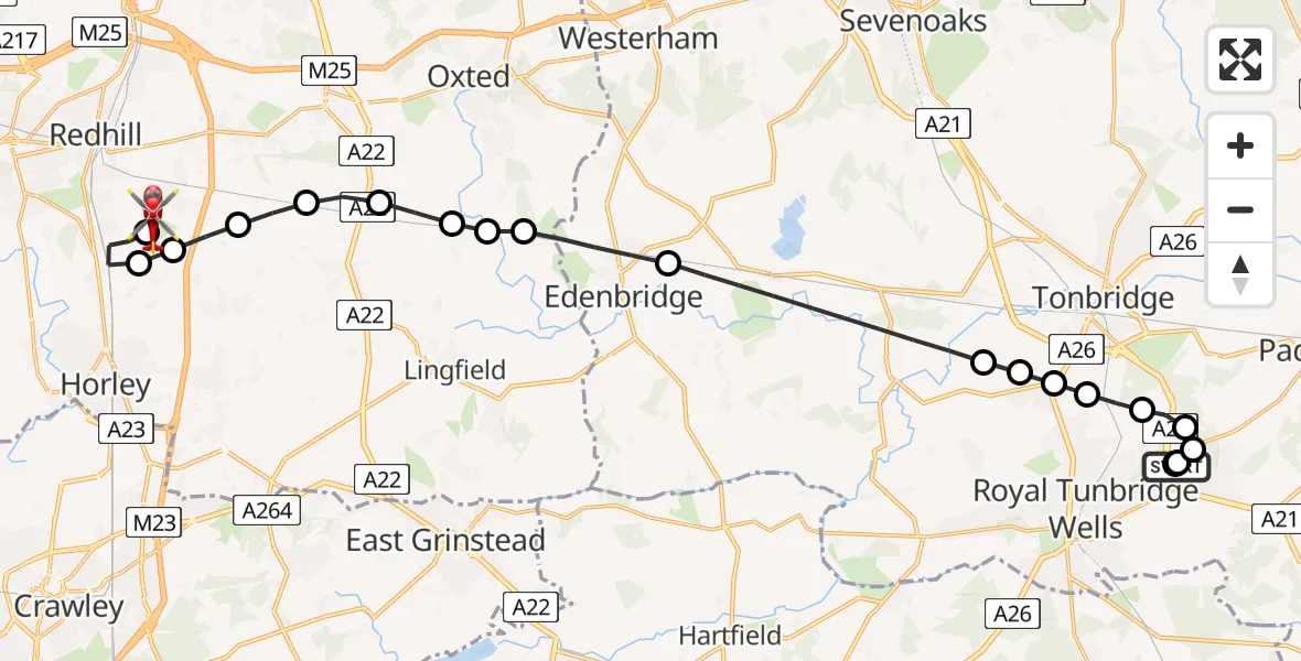 Flight route Air Ambulance Helicopter Tunbridge Wells Hospital Heliport - Redhill Aerodrome, 15 June 2026, 12:10