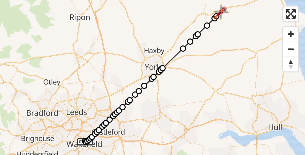 Flight route Air Ambulance Helicopter Newton Hill - Scampston, 15 June 2026, 12:40