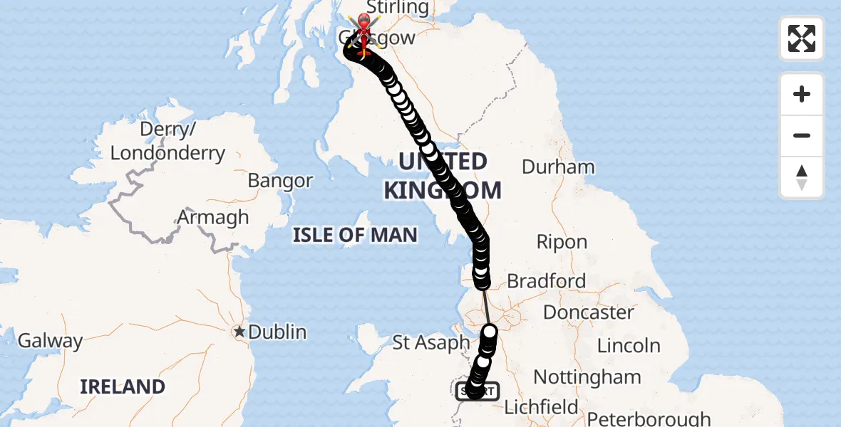 Flight route Air Ambulance Helicopter Sleap Airfield - Glasgow Airport, 15 June 2026, 12:42