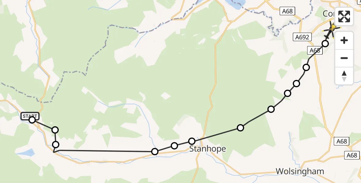 Flight route Police Helicopter Stanhope - Consett, 15 June 2026, 12:49