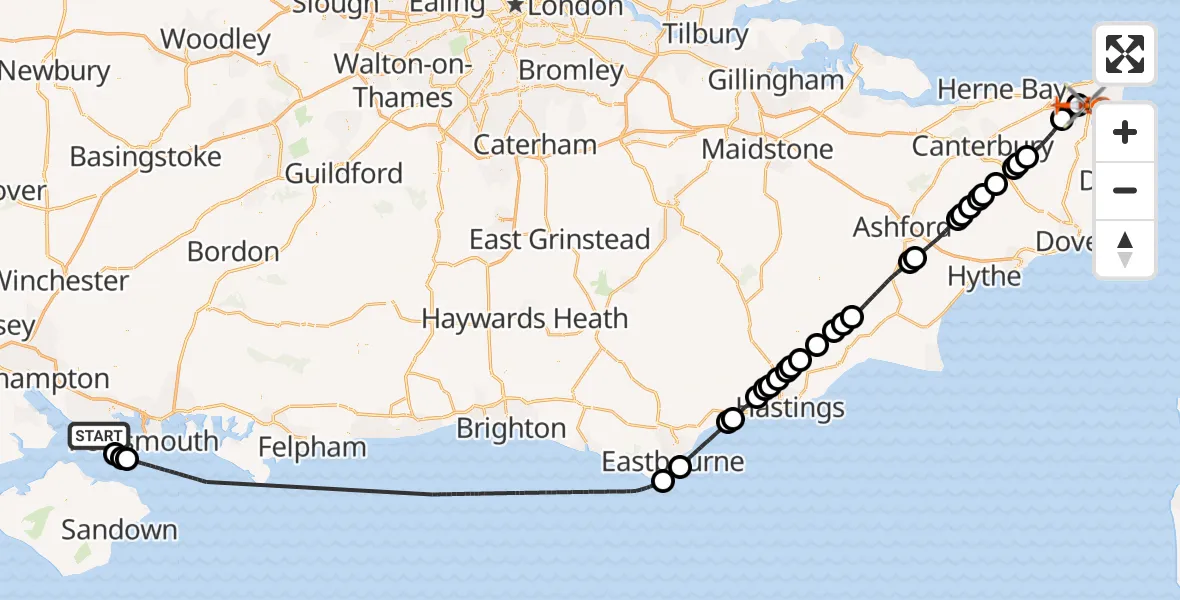 Flight route Coastguard Helicopter Solent Airport - Manston Airport, 15 June 2026, 12:51
