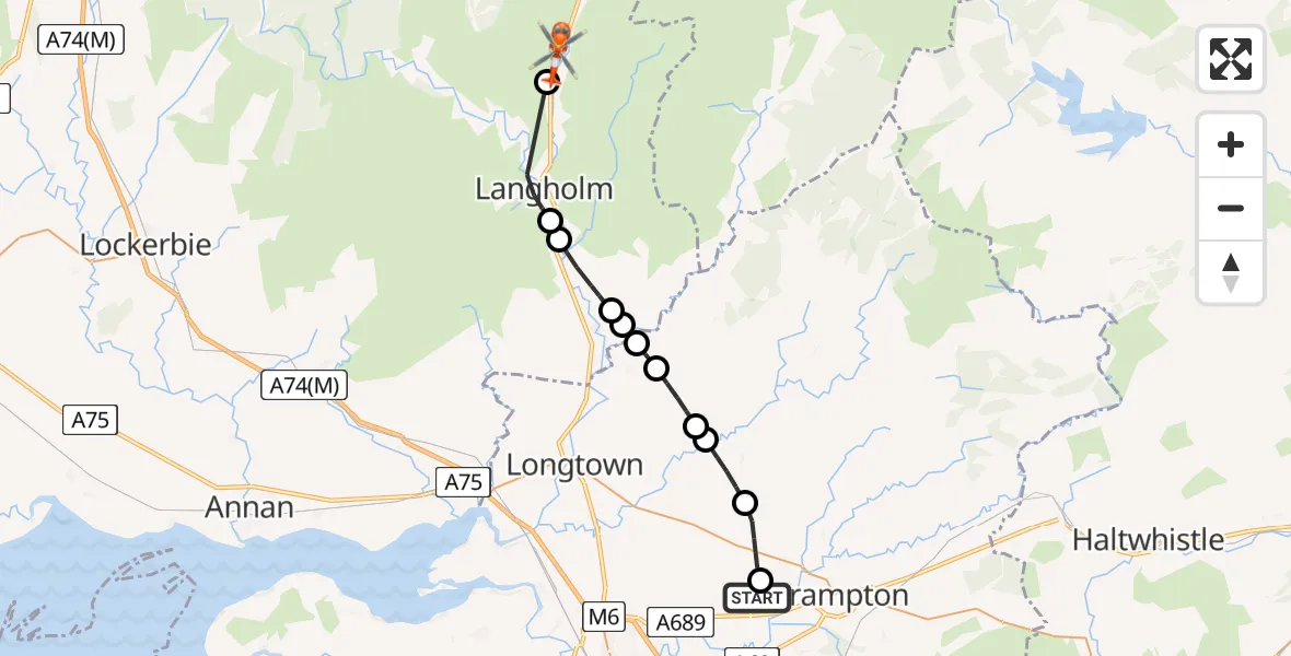 Flight route Coastguard Helicopter Carlisle Lake District Airport - Arkleton, 15 June 2026, 13:12