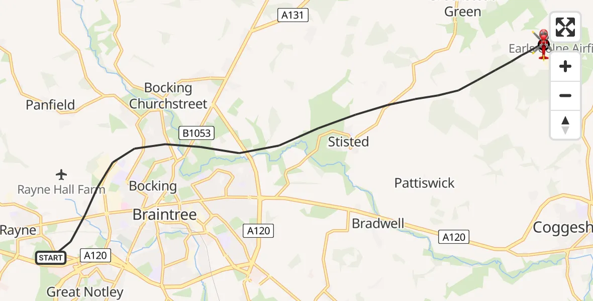 Flight route Air Ambulance Helicopter Braintree - Earls Colne Airfield, 15 June 2026, 13:16