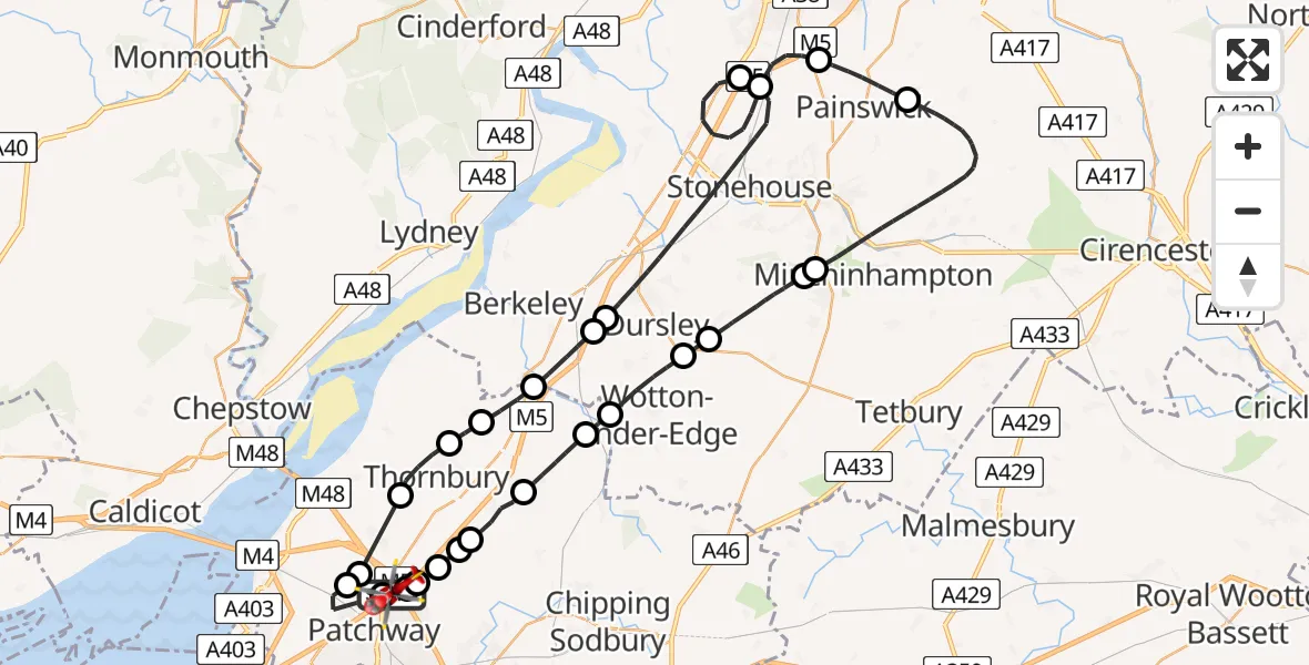 Flight route Air Ambulance Helicopter Almondsbury Helicopter Base - Almondsbury Helicopter Base, 15 June 2026, 13:18