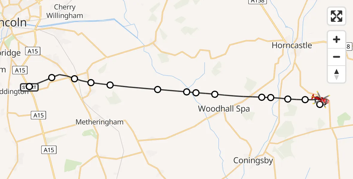Flight route Air Ambulance Helicopter RAF Waddington - Wood Enderby, 15 June 2026, 13:20