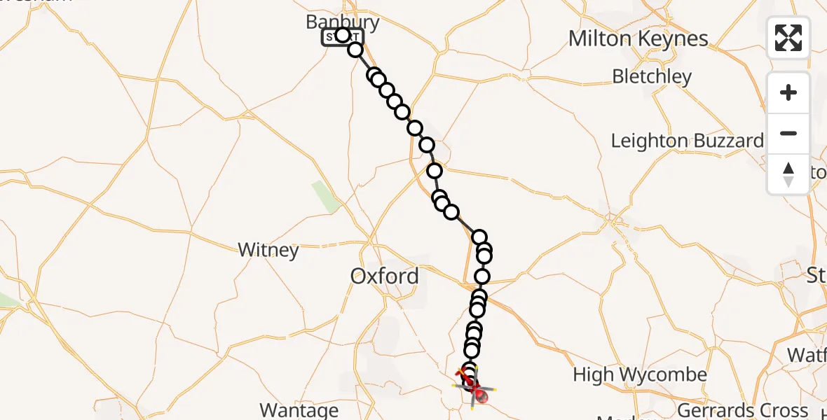 Flight route Air Ambulance Helicopter Banbury - RAF Benson, 15 June 2026, 13:24