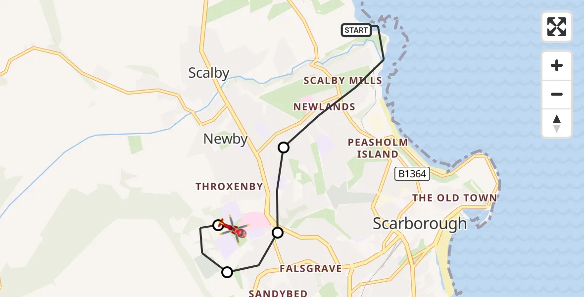 Flight route Air Ambulance Helicopter Scarborough - Scarborough, 15 June 2026, 13:38