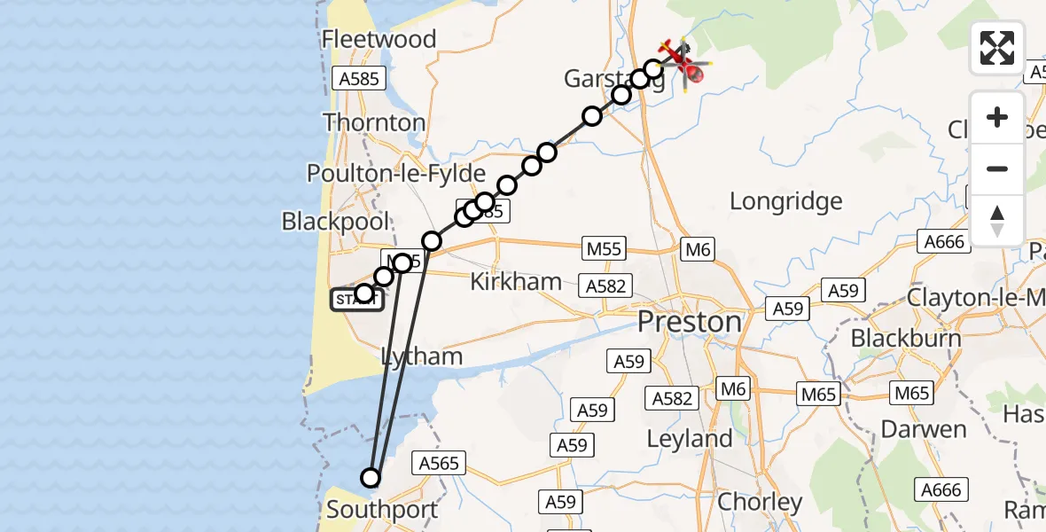Flight route Air Ambulance Helicopter Blackpool Airport - Wyre, 15 June 2026, 13:39
