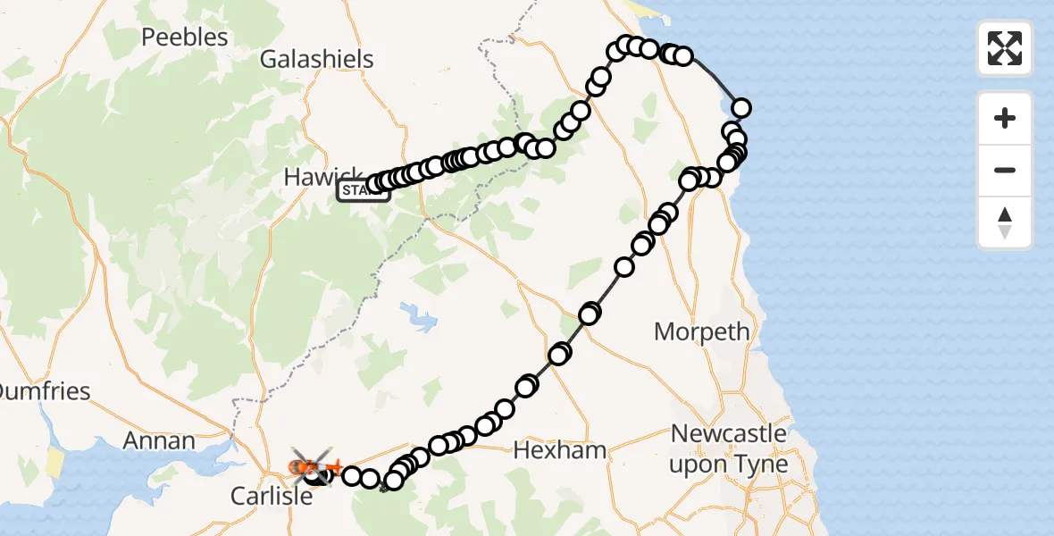 Flight route Coastguard Helicopter Bonchester Bridge - Carlisle Lake District Airport, 15 June 2026, 13:39