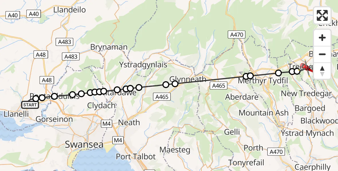 Flight route Air Ambulance Helicopter Dafen - Tredegar, 15 June 2026, 13:52