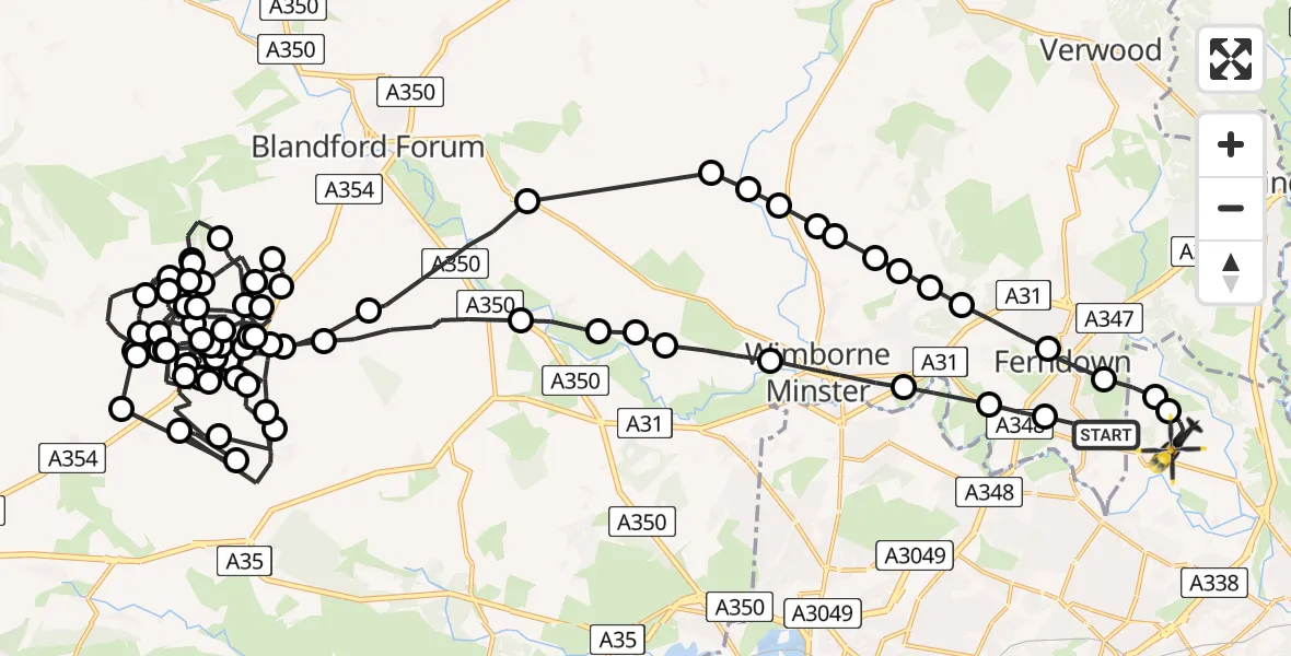 Flight route Police Helicopter Parley Cross - Bournemouth Airport, 15 June 2026, 13:53