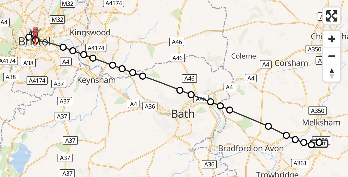 Flight route Air Ambulance Helicopter Wiltshire Air Ambulance - Bristol Royal Infirmary, 15 June 2026, 14:16