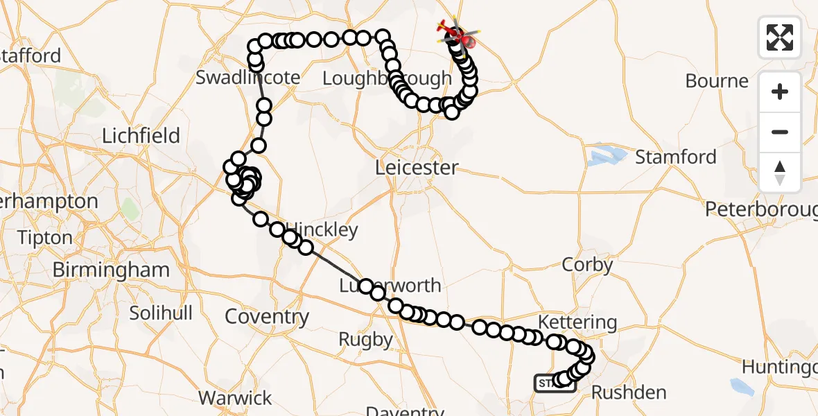 Flight route Air Ambulance Helicopter Sywell Aerodrome - Nottingham Heliport, 15 June 2026, 14:16