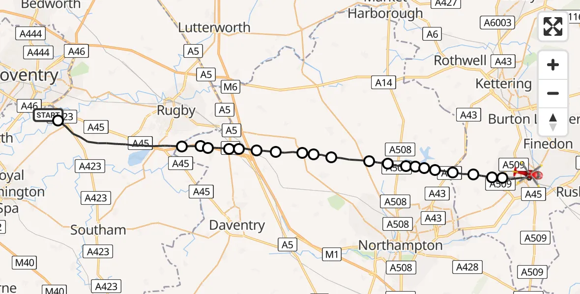 Flight route Air Ambulance Helicopter Coventry Airport - Wellingborough, 15 June 2026, 14:17