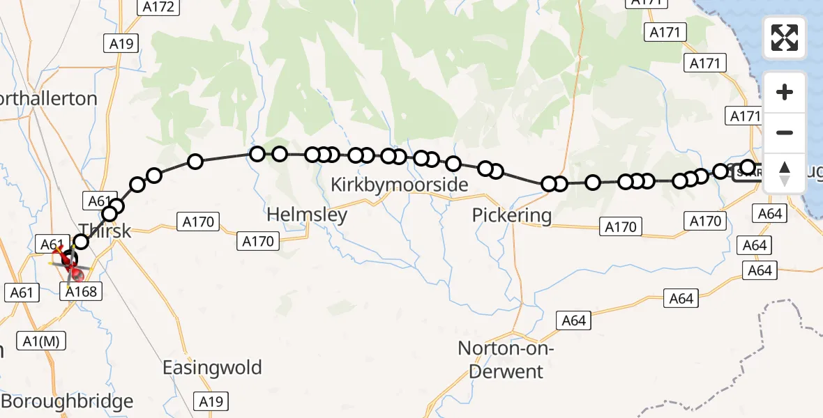 Flight route Air Ambulance Helicopter Scarborough - RAF Topcliffe, 15 June 2026, 14:19