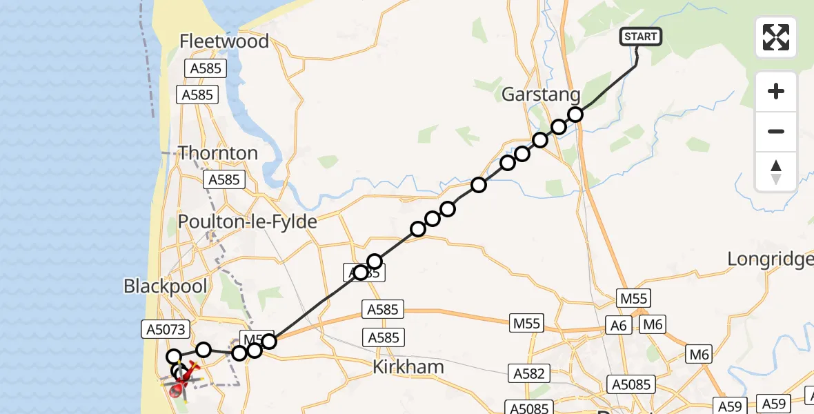 Flight route Air Ambulance Helicopter Wyre - Blackpool Airport, 15 June 2026, 14:23