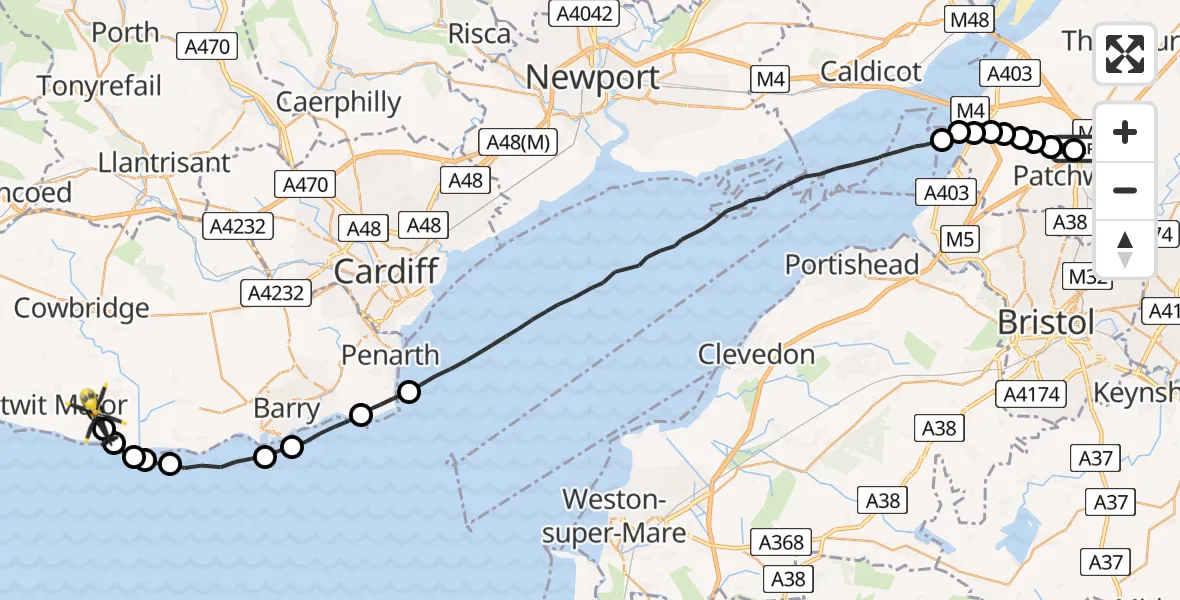 Flight route Police Helicopter Almondsbury Helicopter Base - MOD St Athan, 15 June 2026, 14:24
